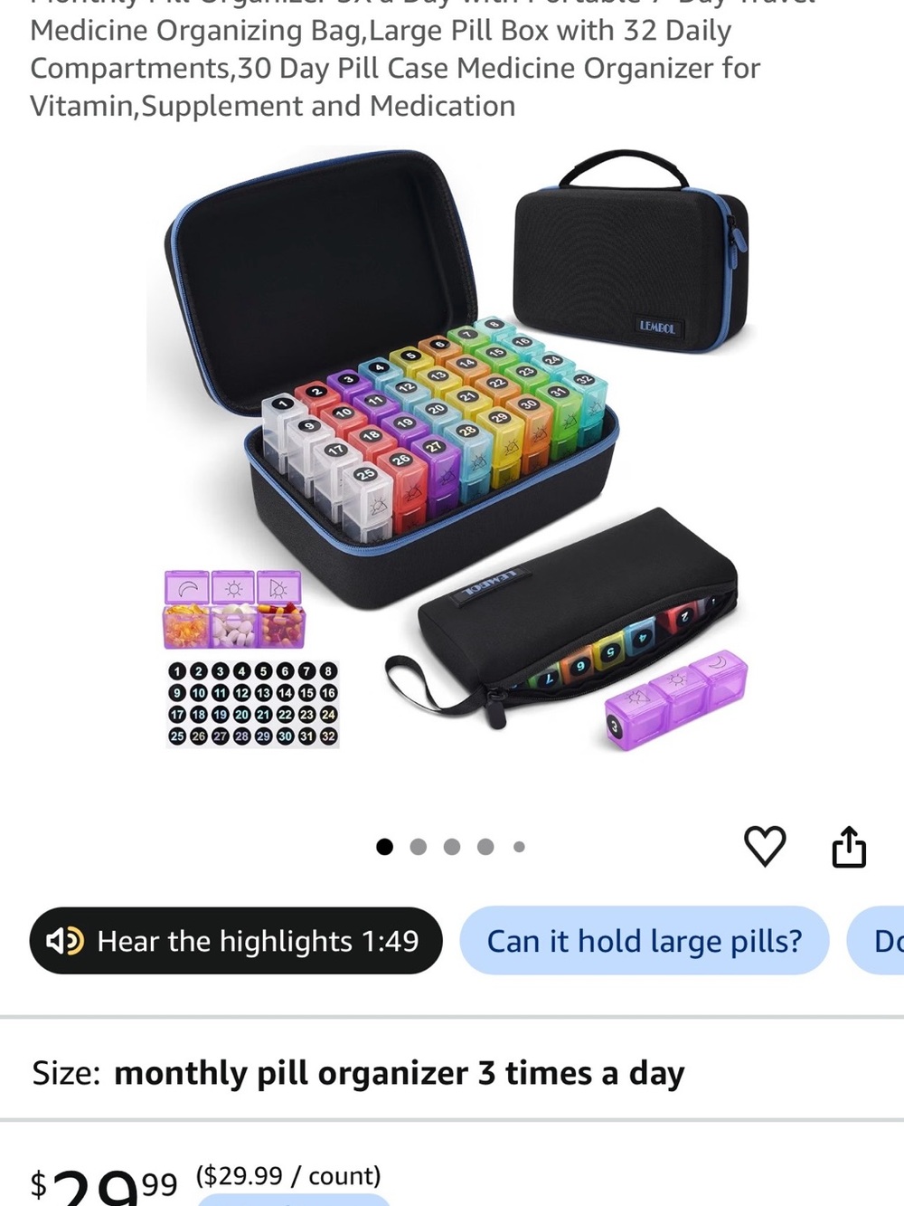 Portable Monthly Pill Organizer Case with Multi-Color Daily Boxes